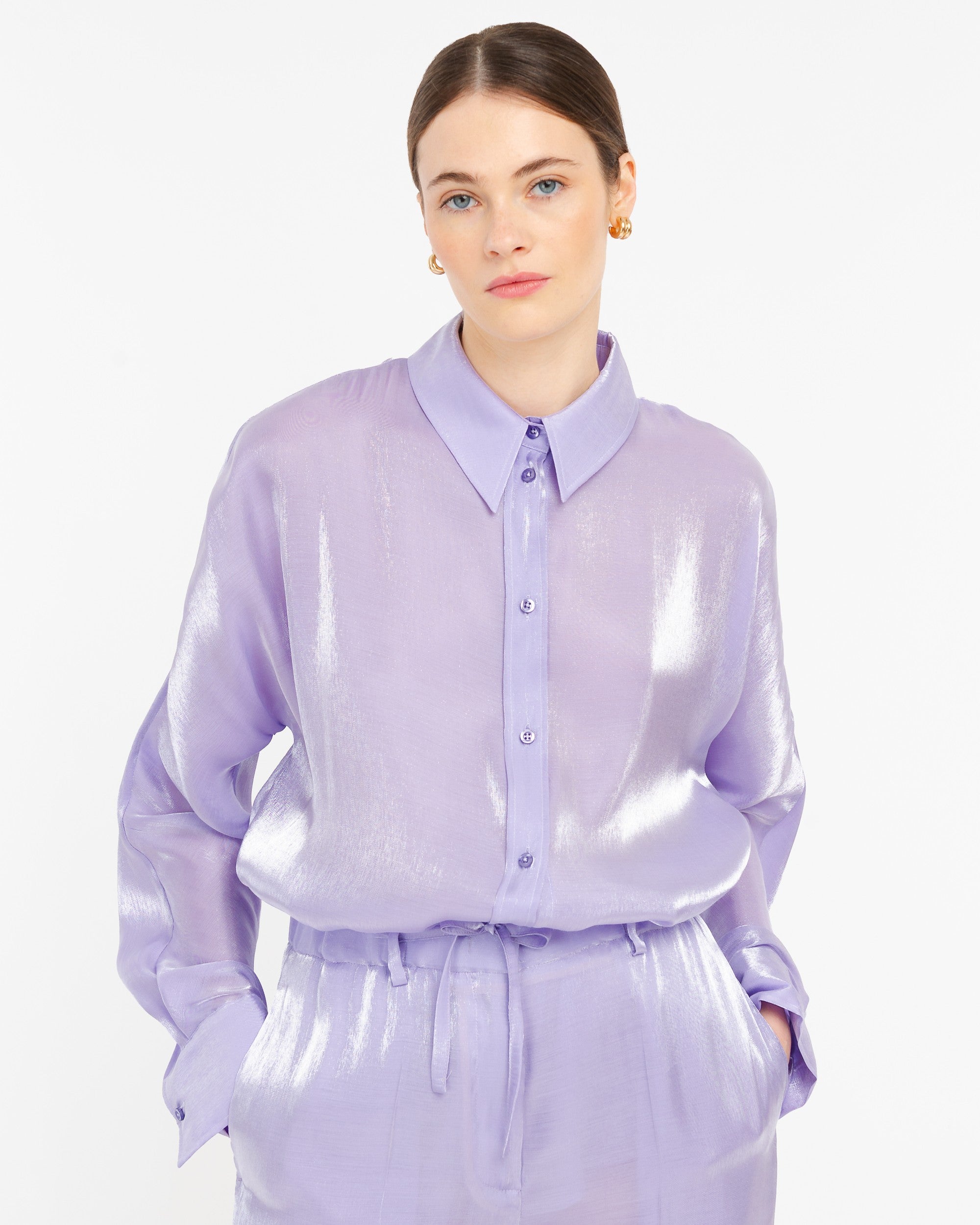 美品　パラスパレス　ロングリネンシャツ　チュニックシャツ　麻100% 紫 パラスパレス PAL'LAS PALACE 染色加工 リネン シャツ ブラウス 麻