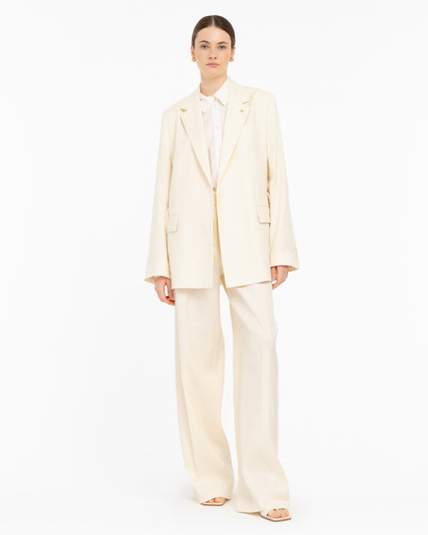 white twill belted blazer