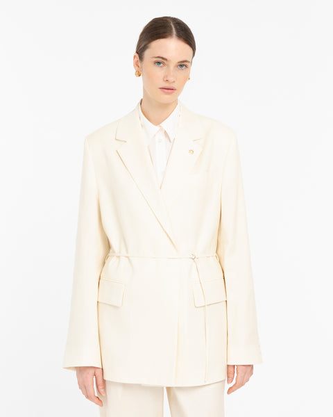 white twill belted blazer
