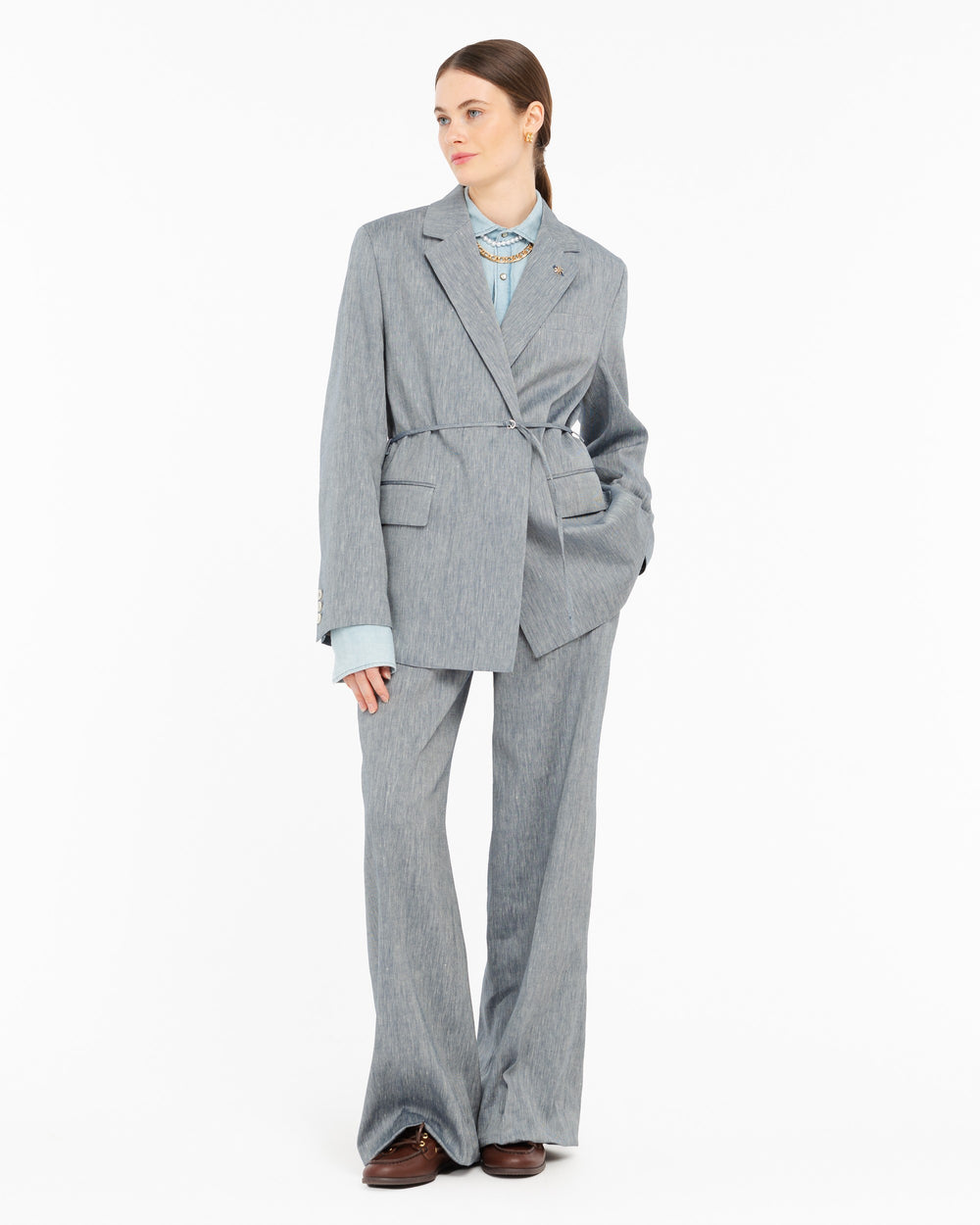 blue twill belted blazer