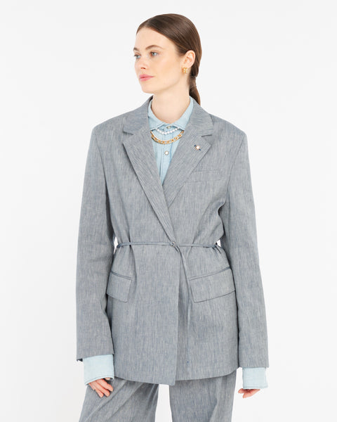 blue twill belted blazer