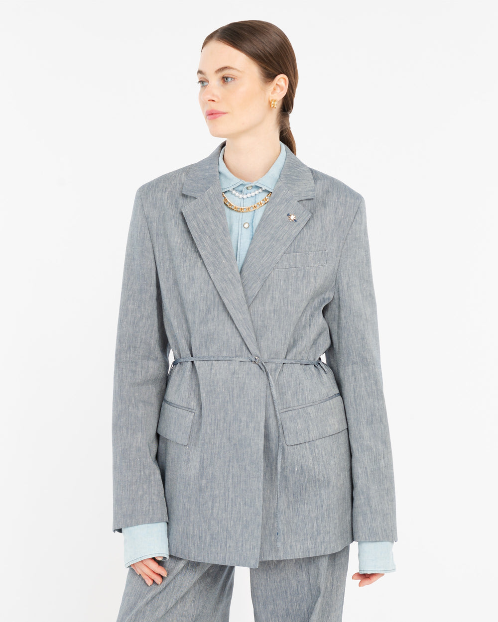 blue twill belted blazer