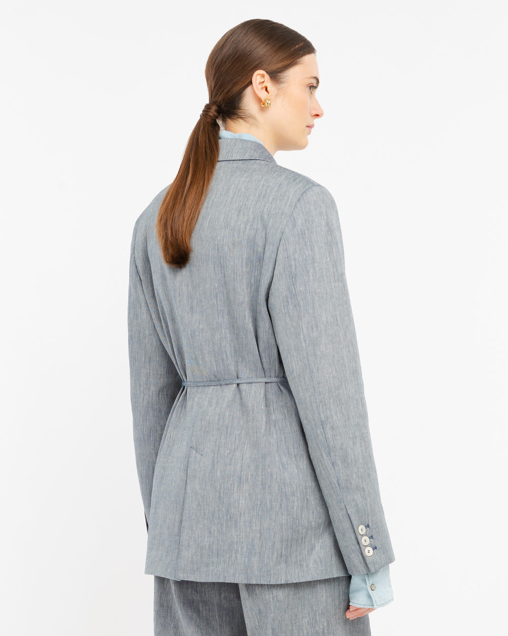blue twill belted blazer