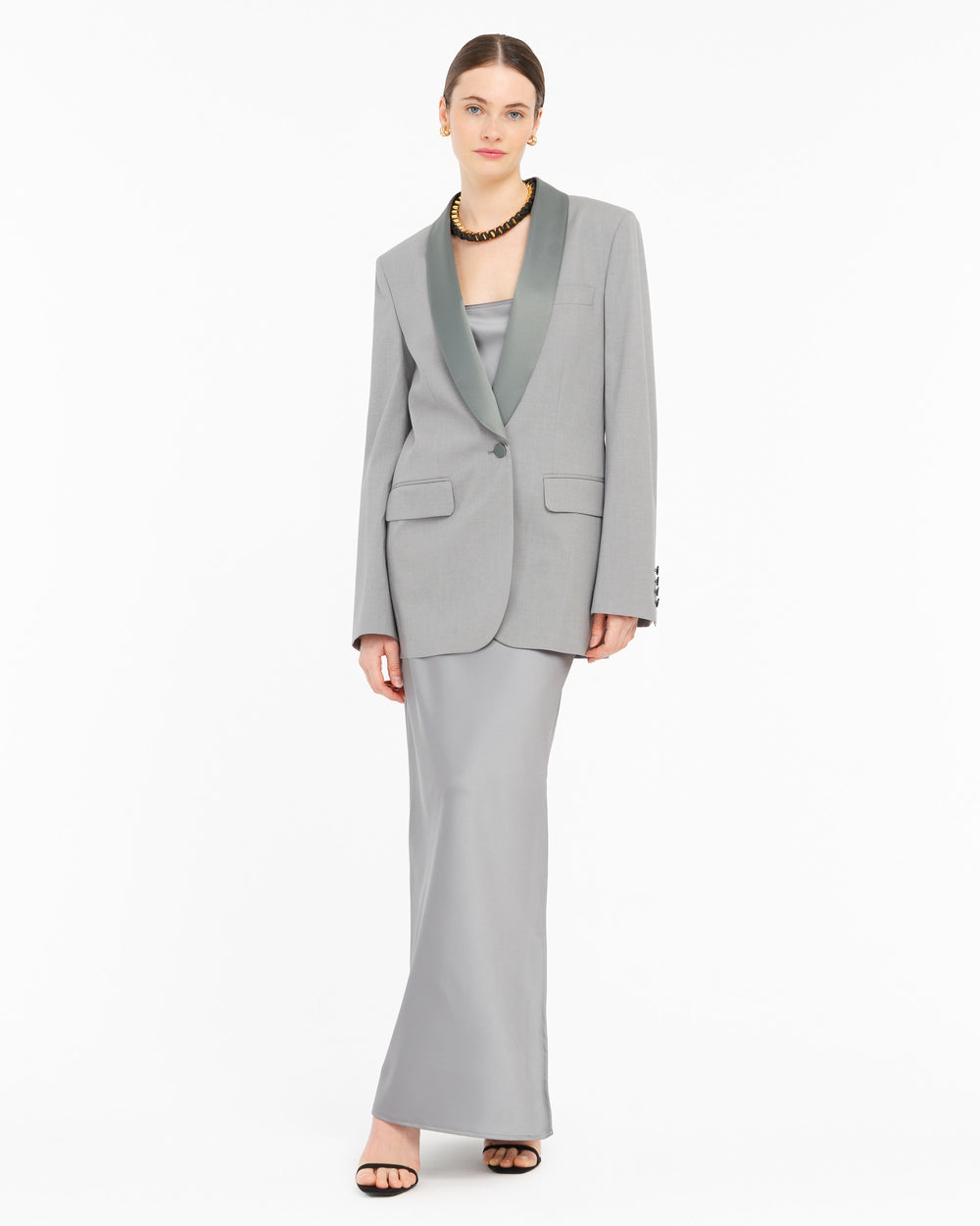 gray stretch smoking blazer