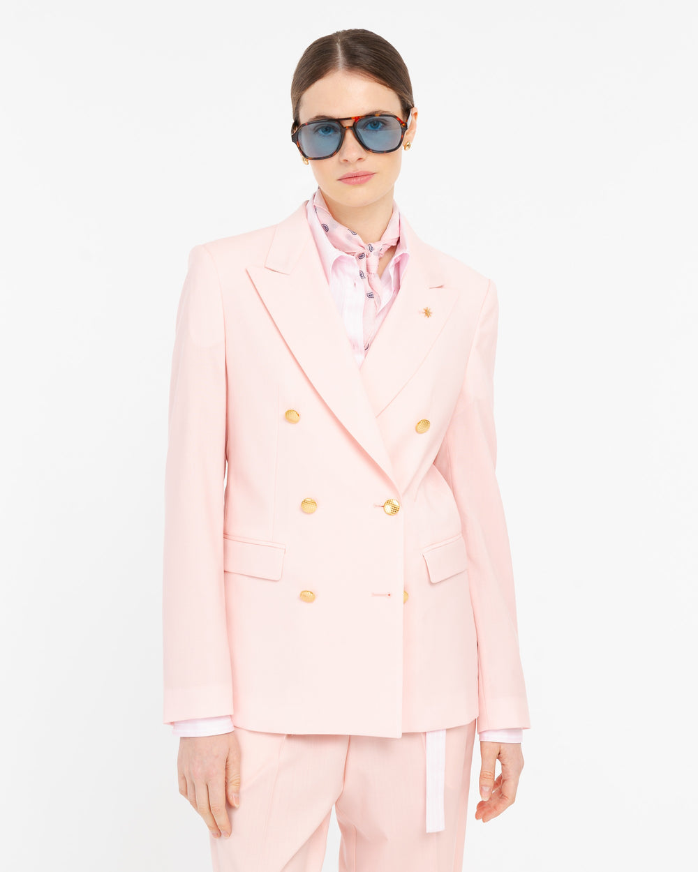 pink double breasted cool stretch wool blazer