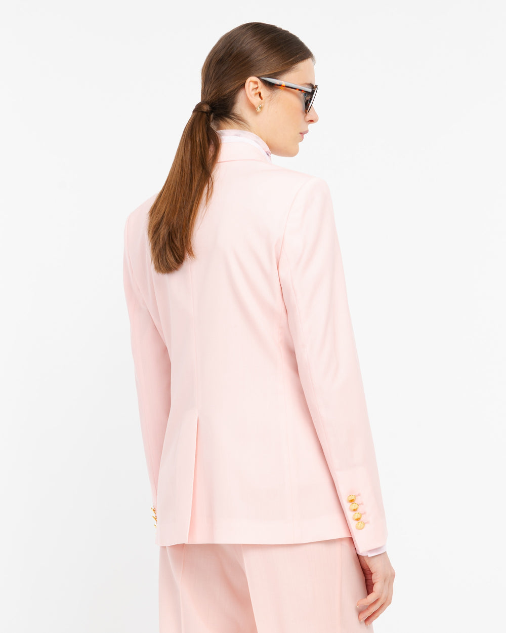 pink double breasted cool stretch wool blazer