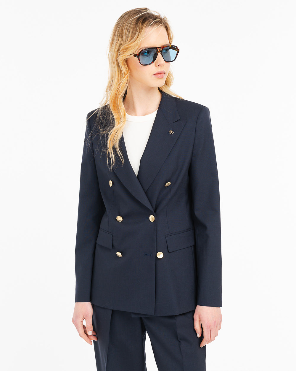 blue double breasted cool stretch wool blazer