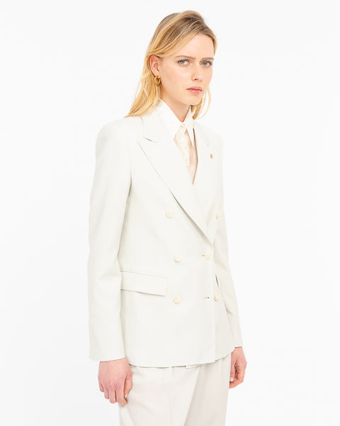 beige double breasted cool stretch wool blazer