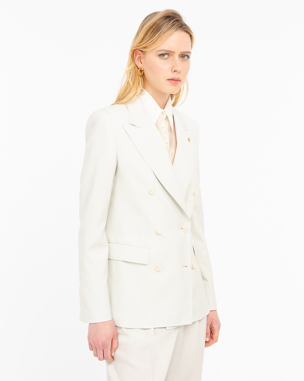 beige double breasted cool stretch wool blazer