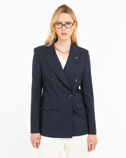 blue double breasted cool stretch wool blazer
