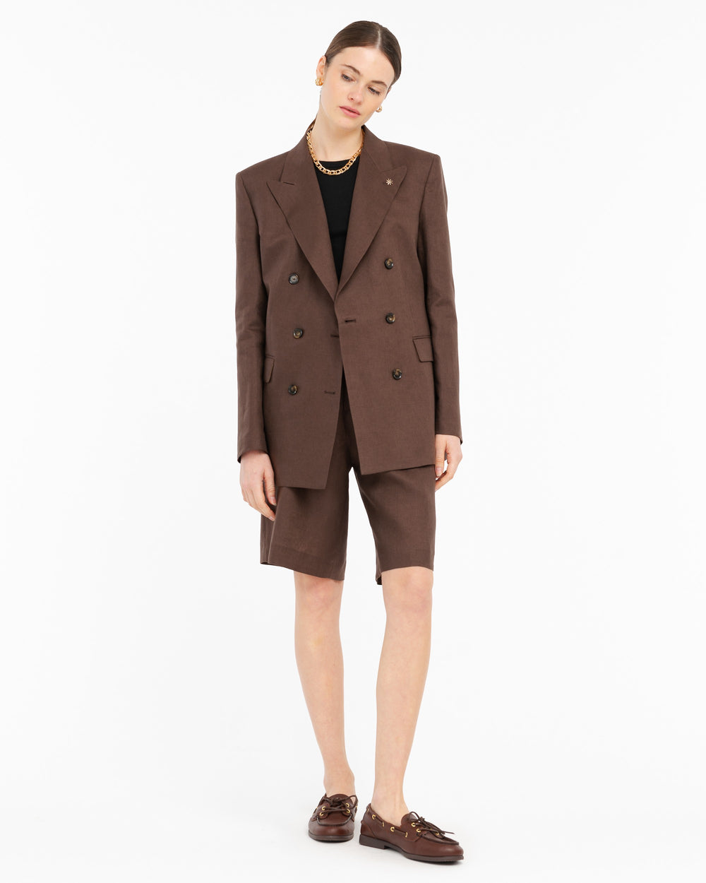 brown double breasted pure linen blazer