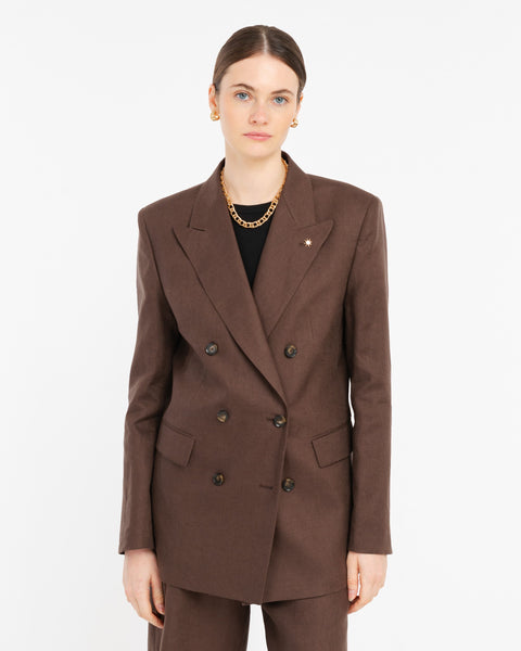 brown double breasted pure linen blazer