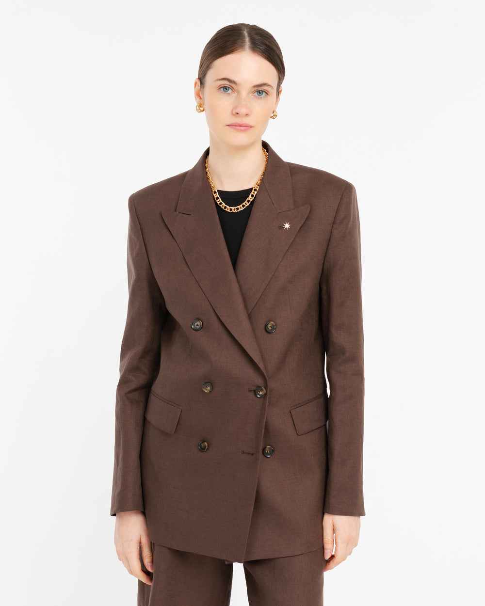 brown double breasted pure linen blazer