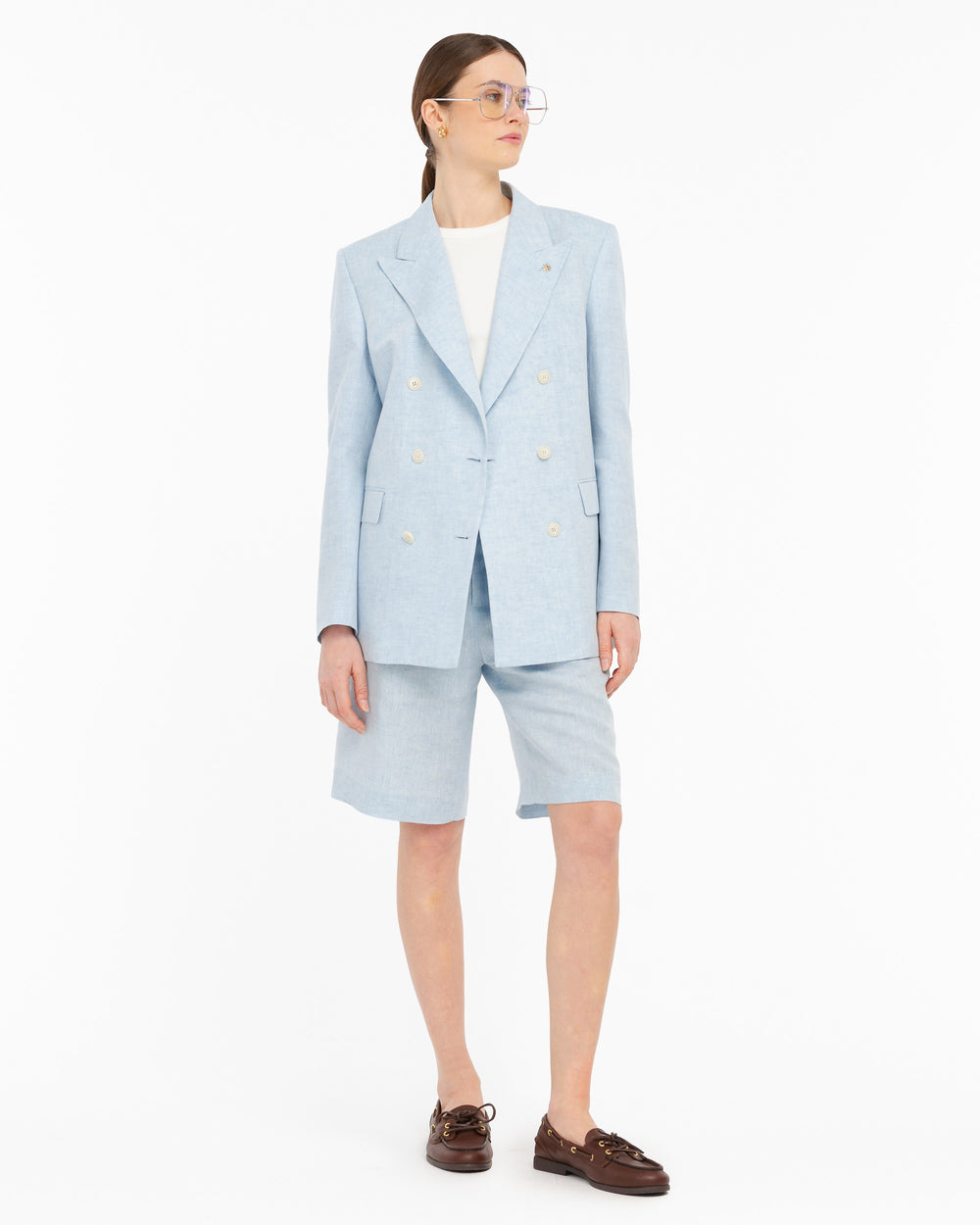 sky blue double breasted linen viscose blazer