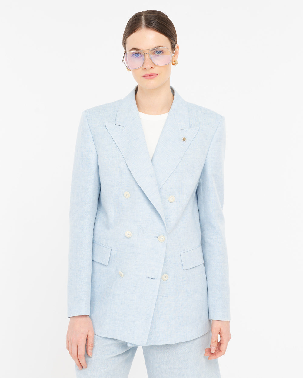 sky blue double breasted linen viscose blazer