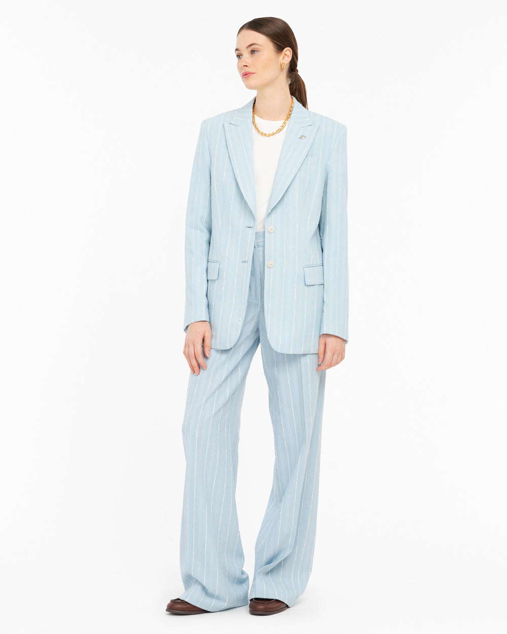 sky blue cotton blend striped blazer