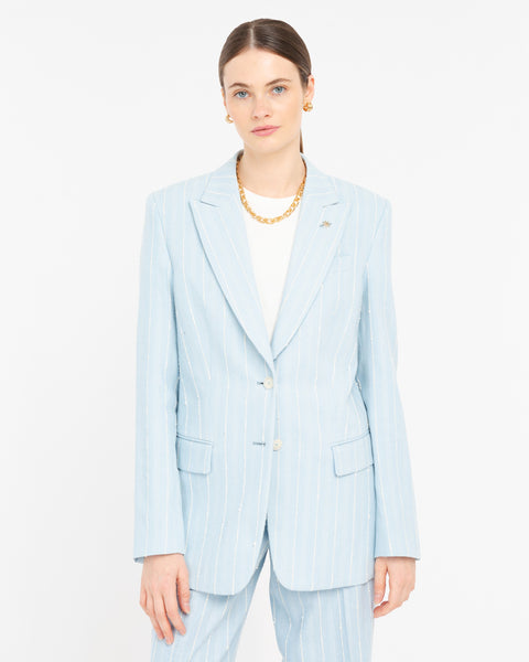 sky blue cotton blend striped blazer