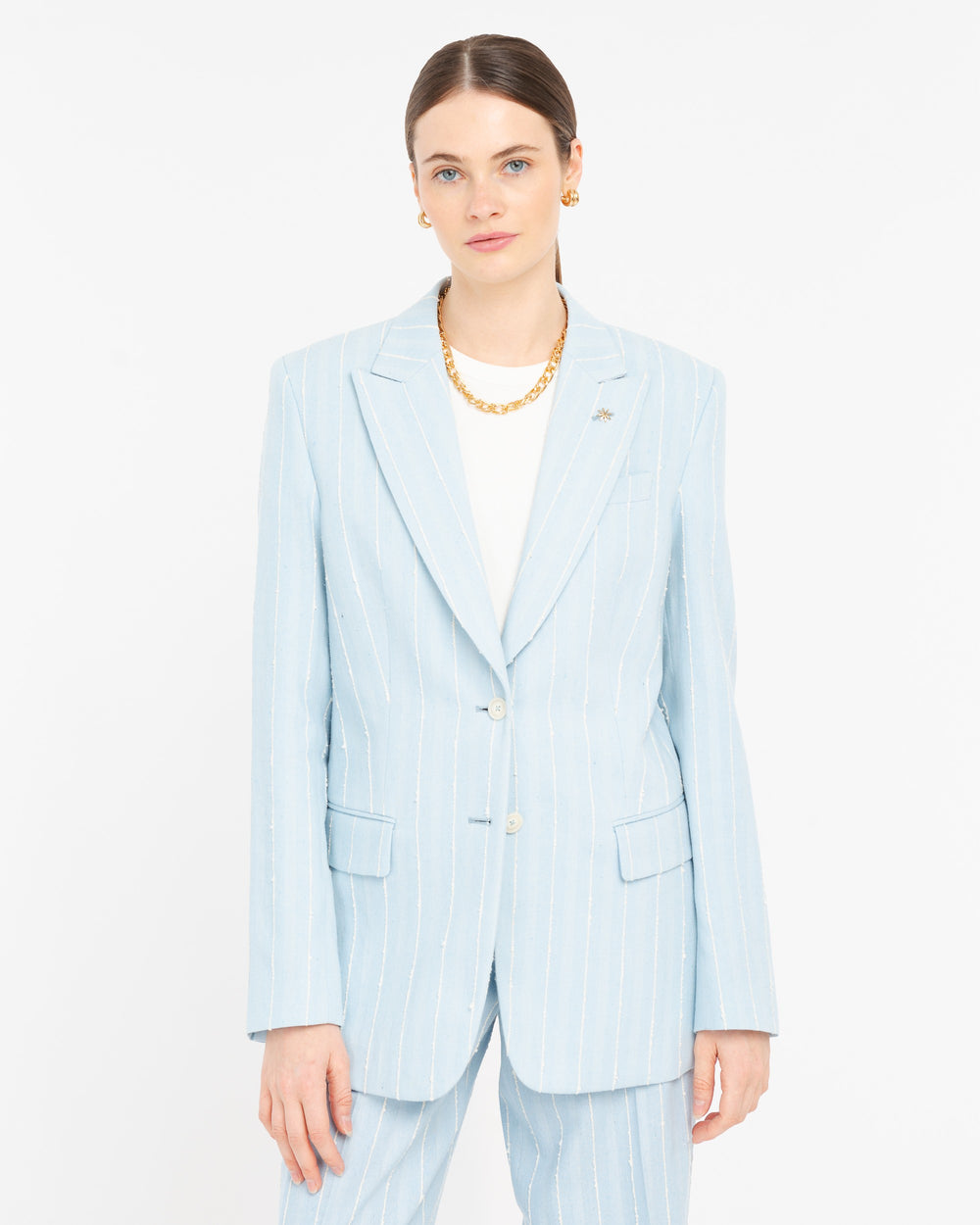 sky blue cotton blend striped blazer