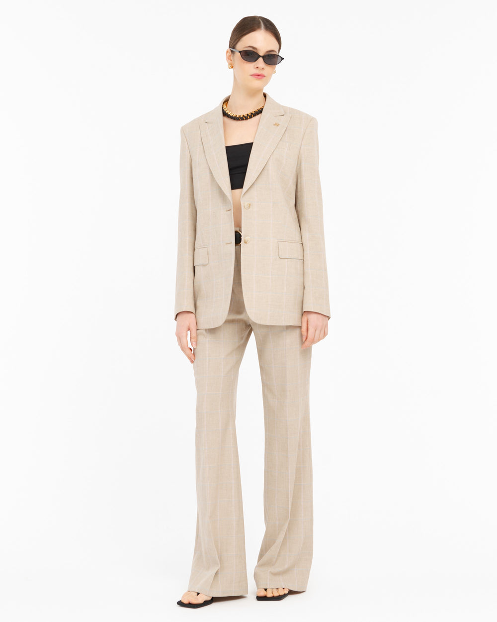 beige check cotton blended blazer