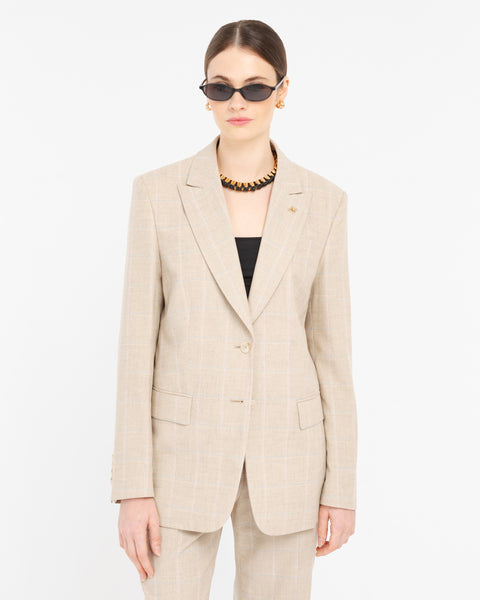 beige check cotton blended blazer