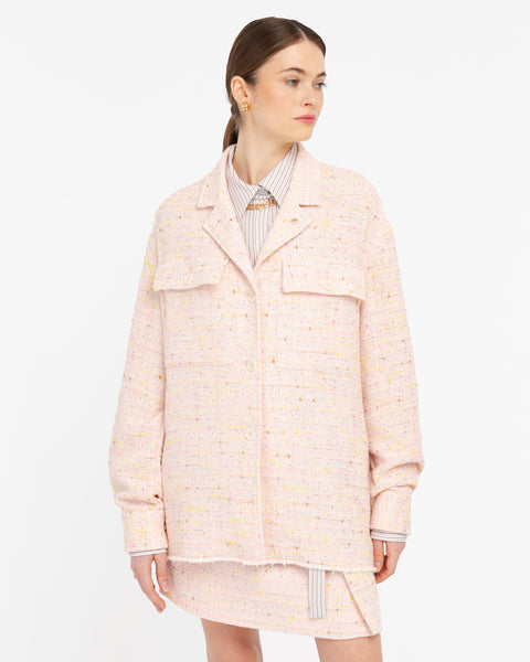 pink bouclé overshirt with sequins