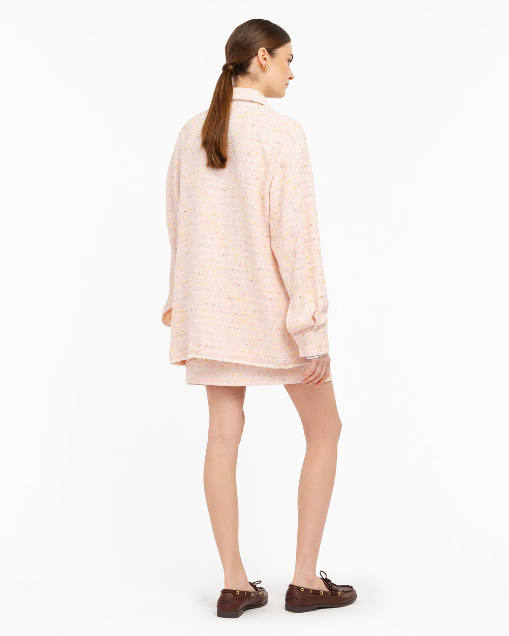 pink bouclé overshirt with sequins