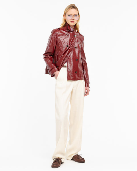 red vinyl faux leather crop trench coat