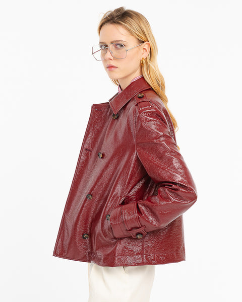 red vinyl faux leather crop trench coat