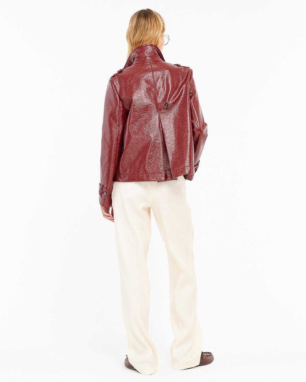 red vinyl faux leather crop trench coat