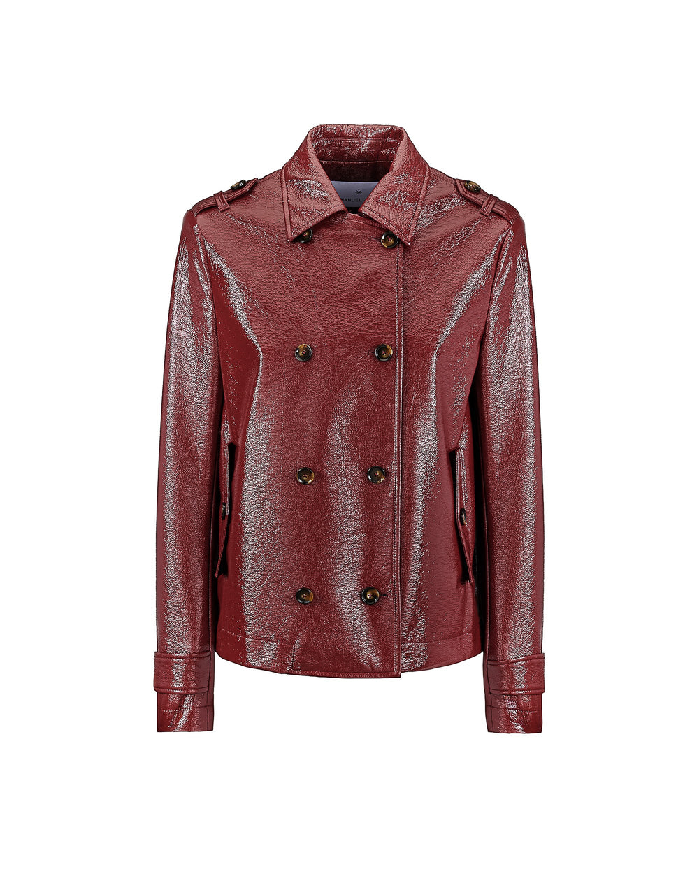 red vinyl faux leather crop trench coat