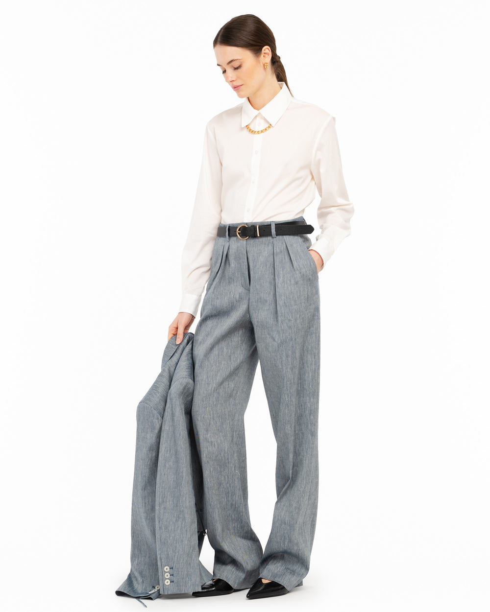 blue double pleated linen cotton twill trousers