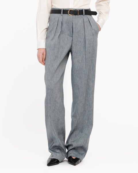 blue double pleated linen cotton twill trousers