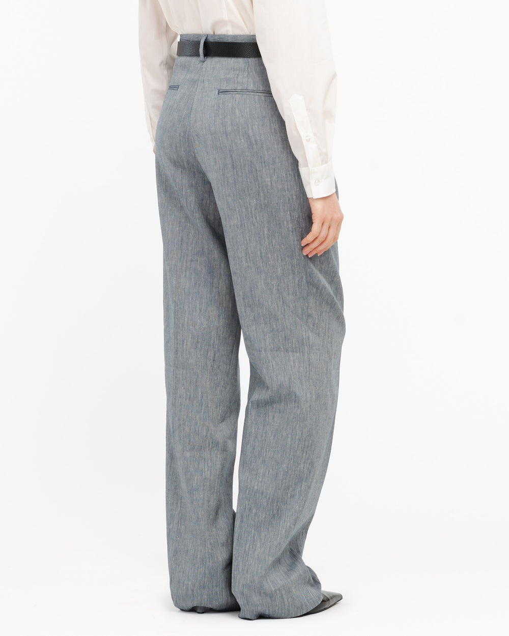 blue double pleated linen cotton twill trousers
