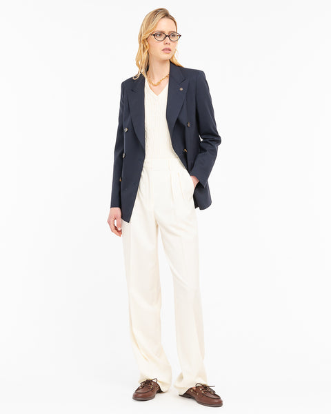 white stretch double pleat trousers
