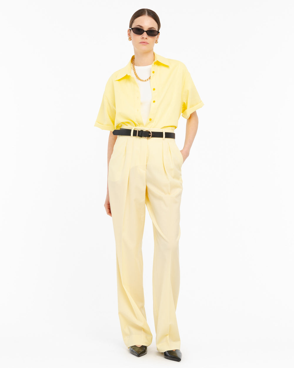yellow double pleated trousers in cool stretch wool