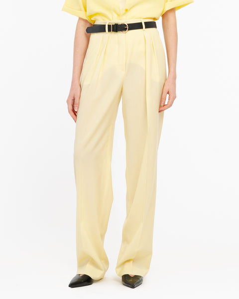 yellow double pleated trousers in cool stretch wool