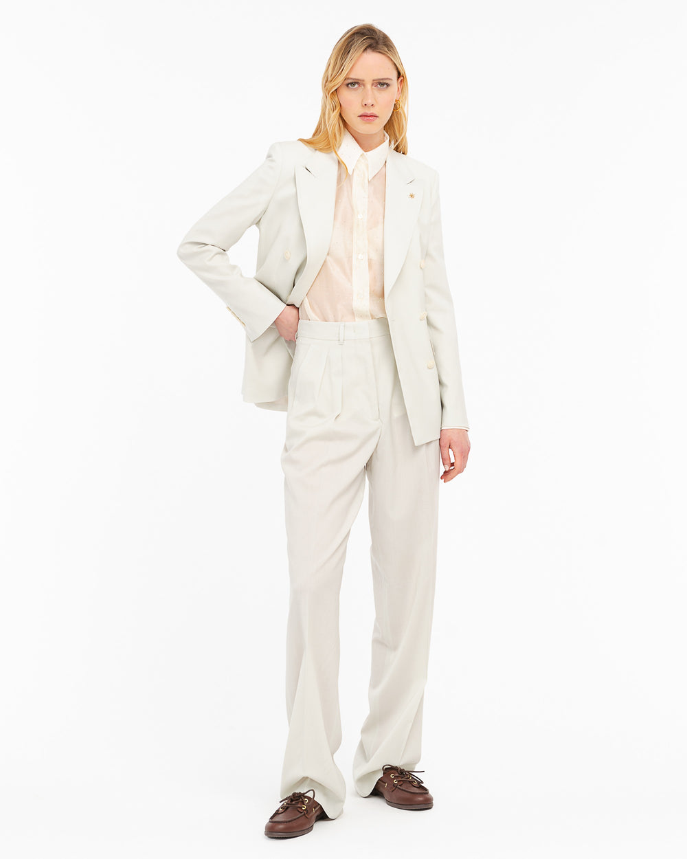 beige double pleated trousers in cool stretch wool