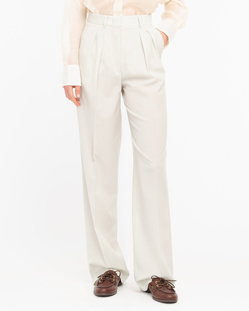 beige double pleated trousers in cool stretch wool