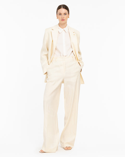 white straight linen cotton twill trousers