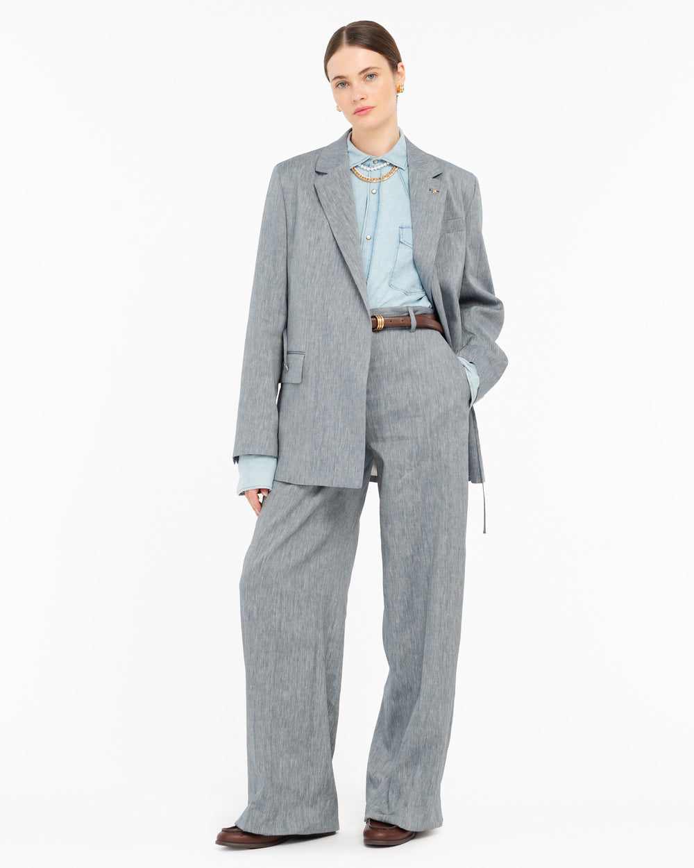 blue straight linen cotton twill trousers