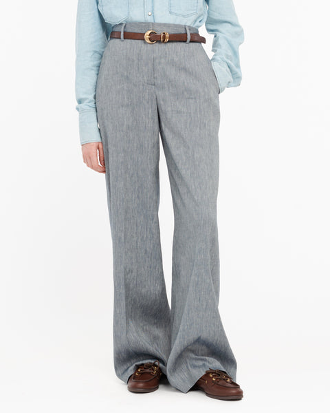 blue straight linen cotton twill trousers