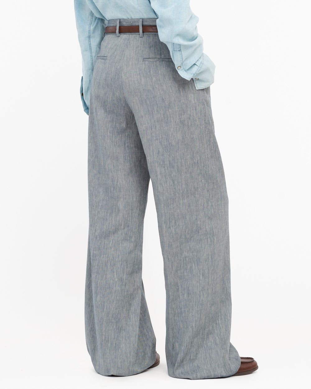 blue straight linen cotton twill trousers