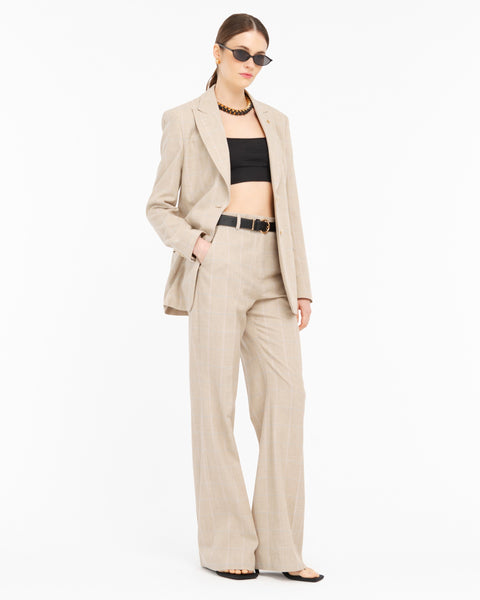 beige flared check cotton blended trousers