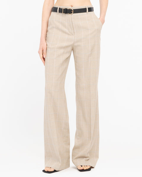 beige flared check cotton blended trousers