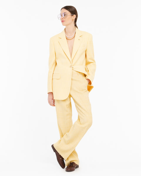 yellow wide leg trousers check in diagonal cotton