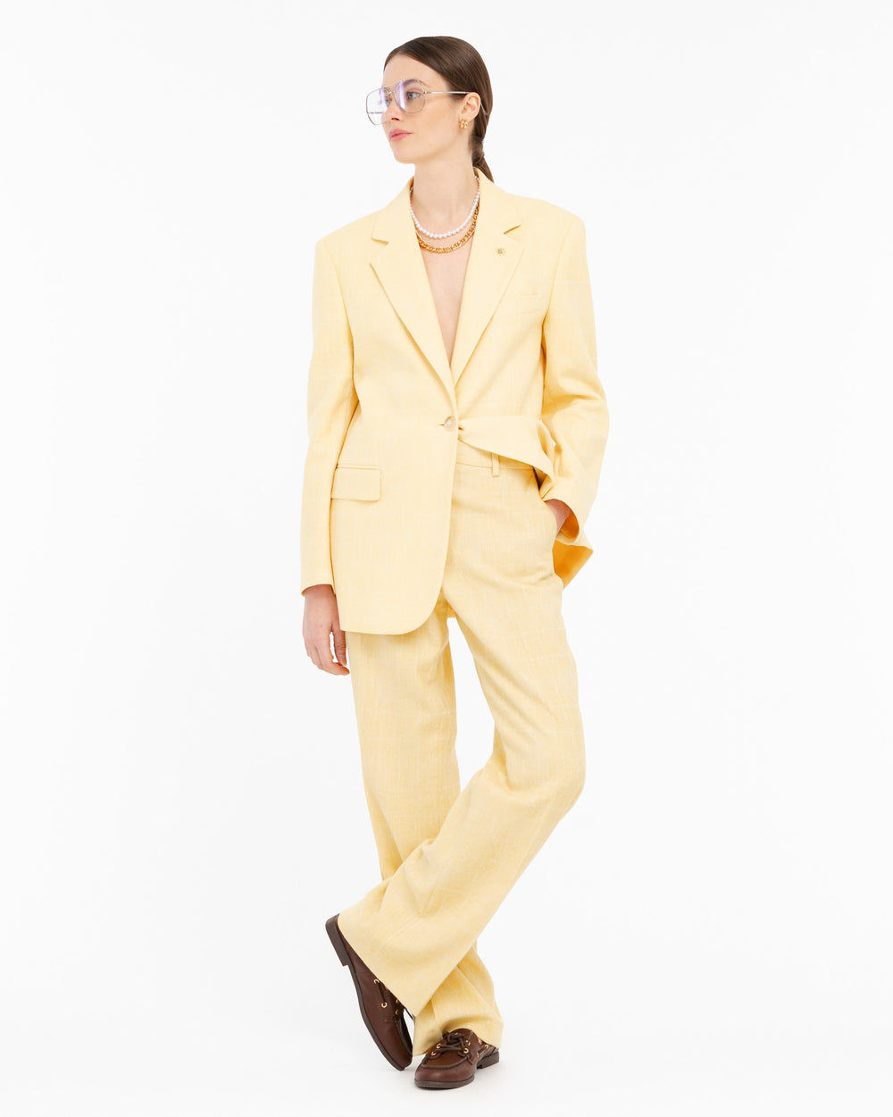 yellow wide leg trousers check in diagonal cotton