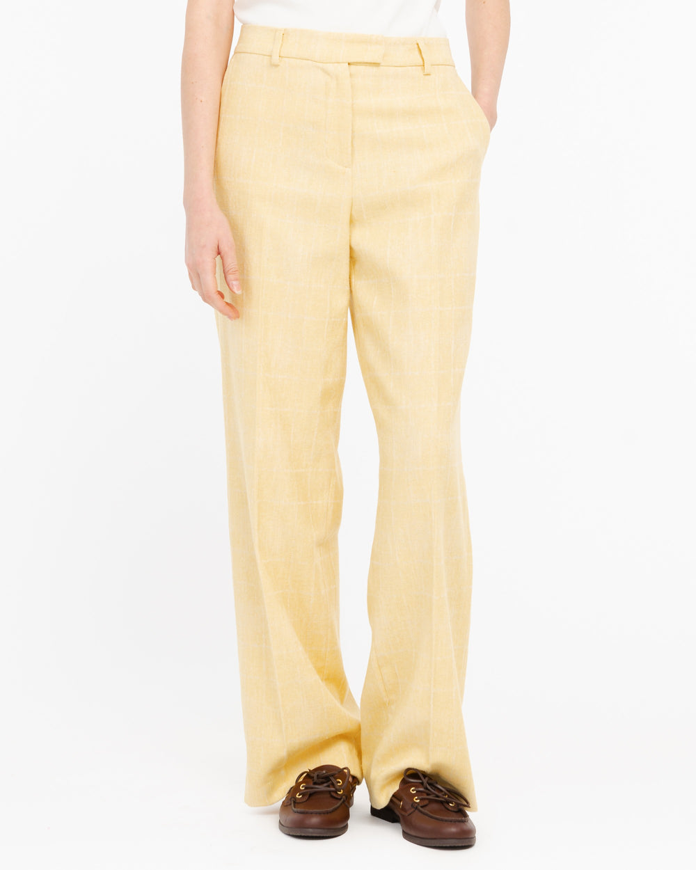 yellow wide leg trousers check in diagonal cotton