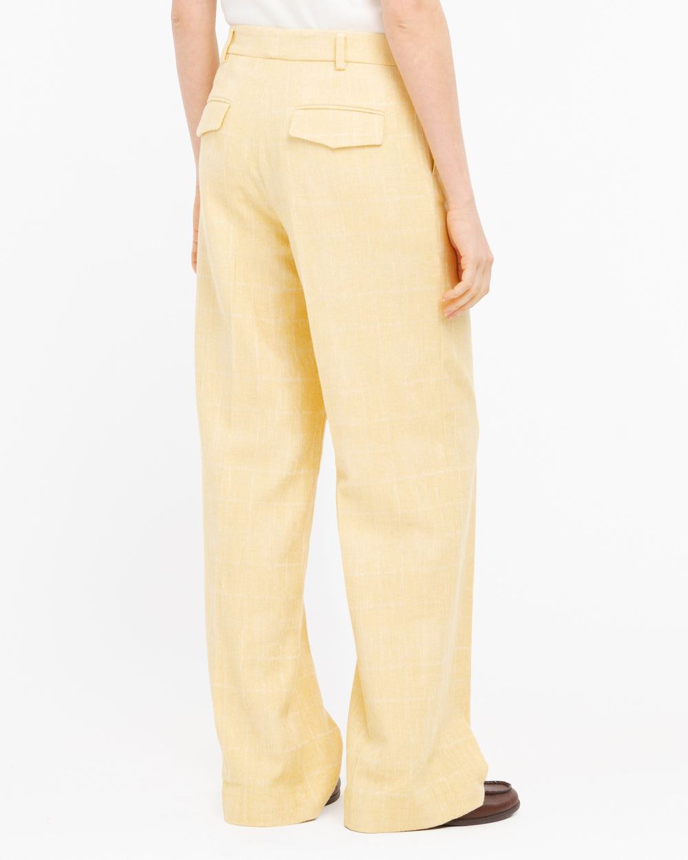 yellow wide leg trousers check in diagonal cotton