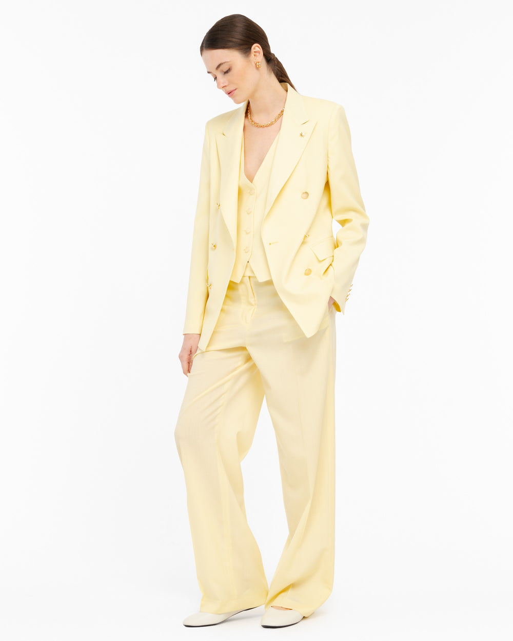 yellow wide cool stretch wool trousers