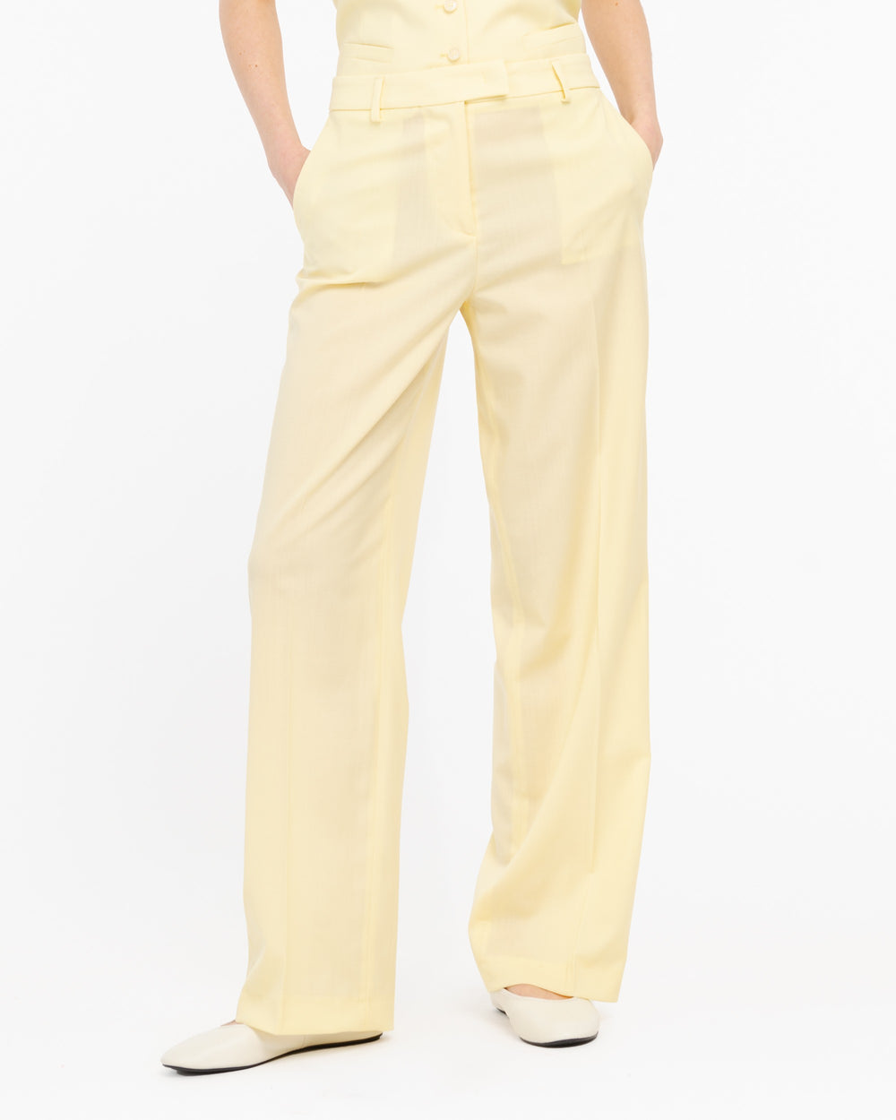 yellow wide cool stretch wool trousers